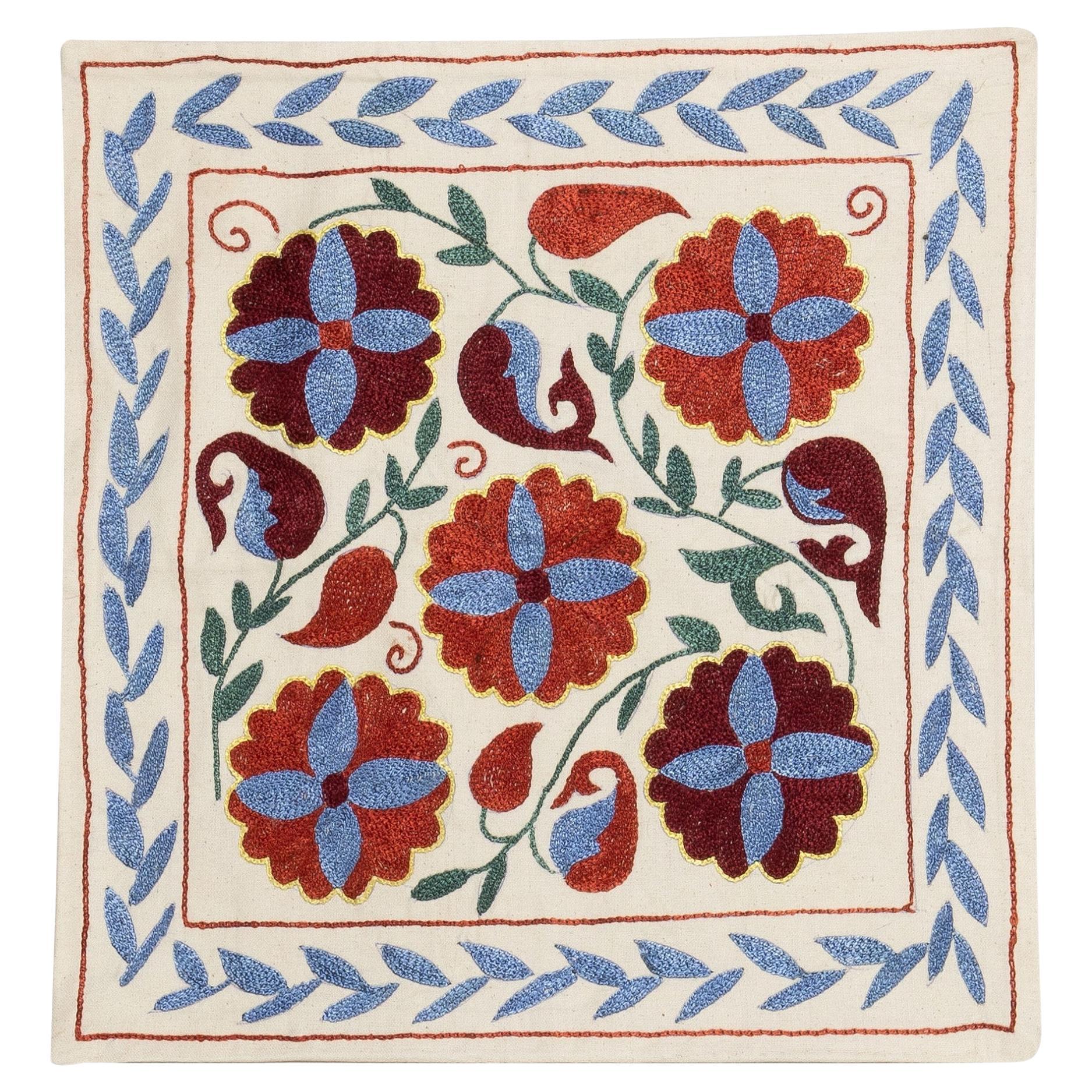 16"x17" Modern Uzbek Lace Pillow Cover, Hand Embroidered Silk Cushion Cover