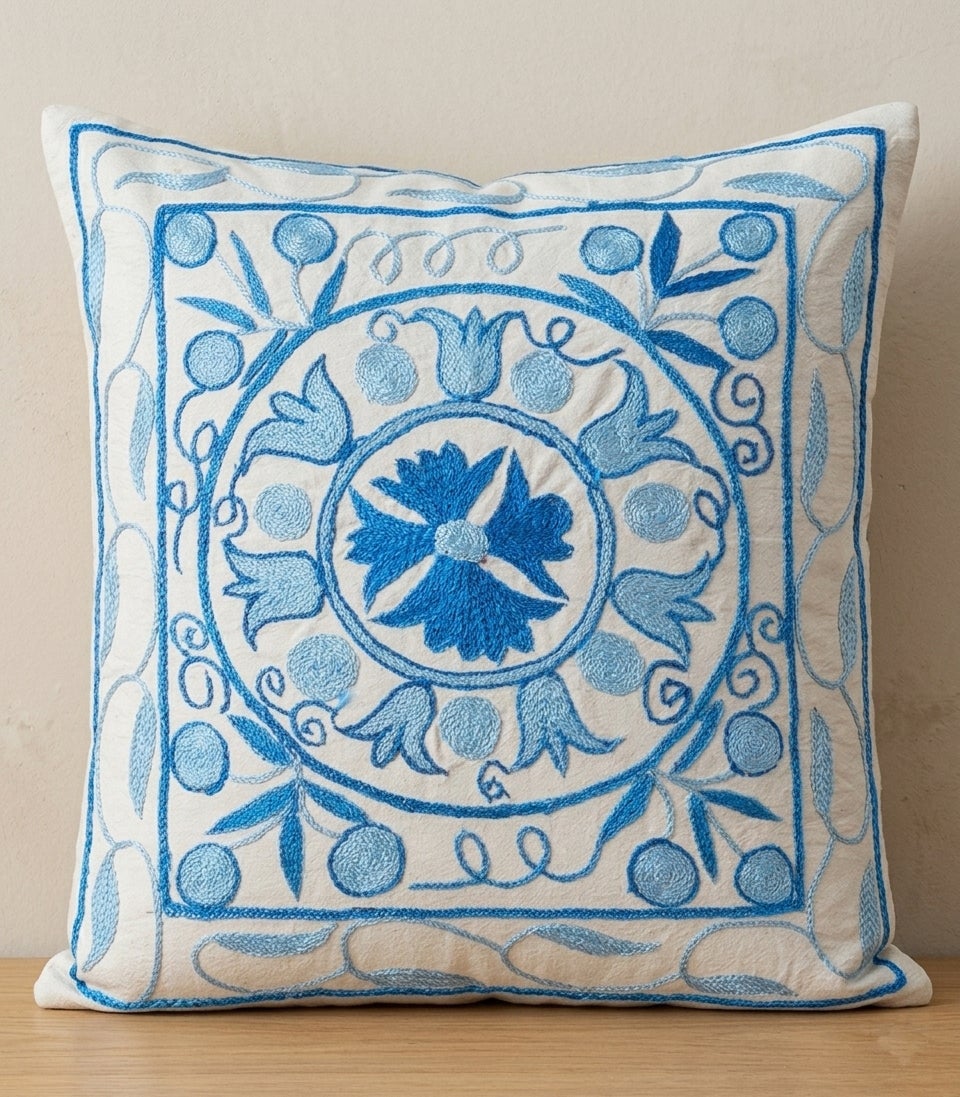 16"x18" Hand Embroidered Silk Cushion Cover. Cream and Blue Suzani Throw Pillow