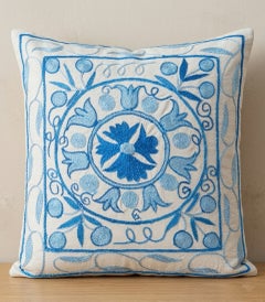 16"x18" Hand Embroidered Silk Cushion Cover. Cream and Blue Suzani Throw Pillow