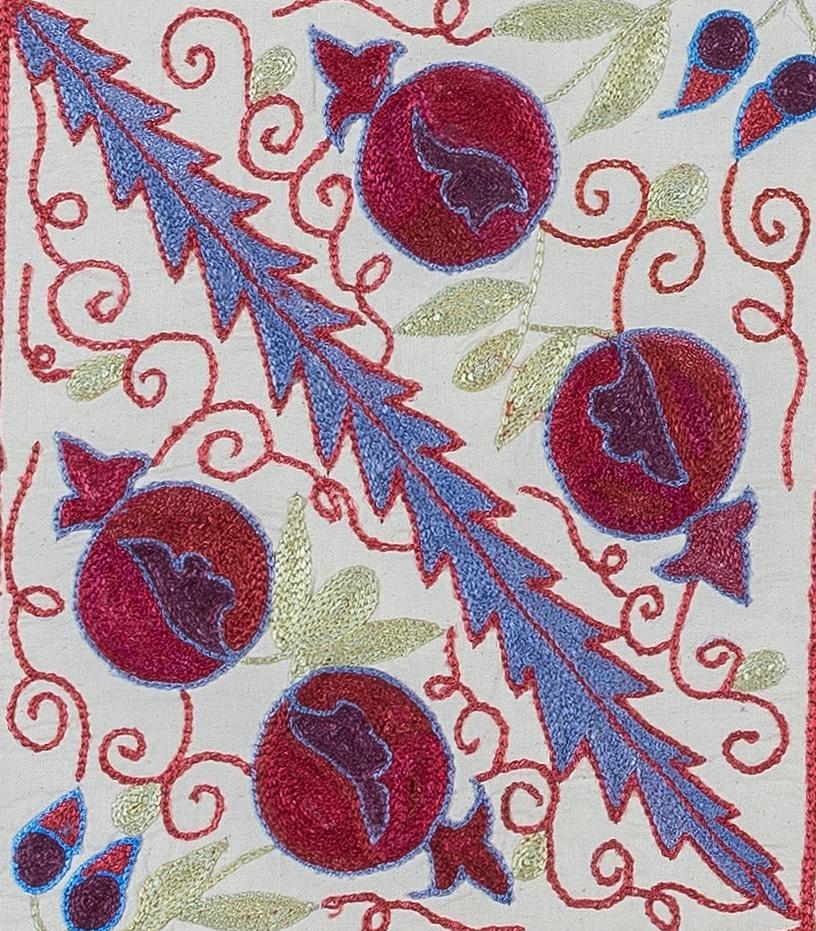 Fodera decorativa per cuscino realizzata in seta ricamata a mano su sfondo di lino, con motivi di fiori e viti, supporto di lino con cerniera, senza inserto.
Si consiglia un lavaggio delicato e specializzato.

Suzani, un termine dell'Asia