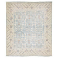 Tappeto moderno 16x19 in stile Khotan - Lana annodata a mano in blu cielo, avorio e sabbia