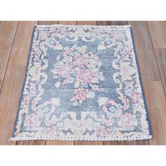 1'6"x2'1" Navy Blue, Worn Wool Hand Knotted, Vintage Farsian Kerman Mat Rug