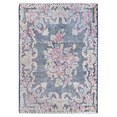1'6"x2'1" Navy Blue, Worn Wool Hand Knotted, Vintage Farsian Kerman Mat Rug