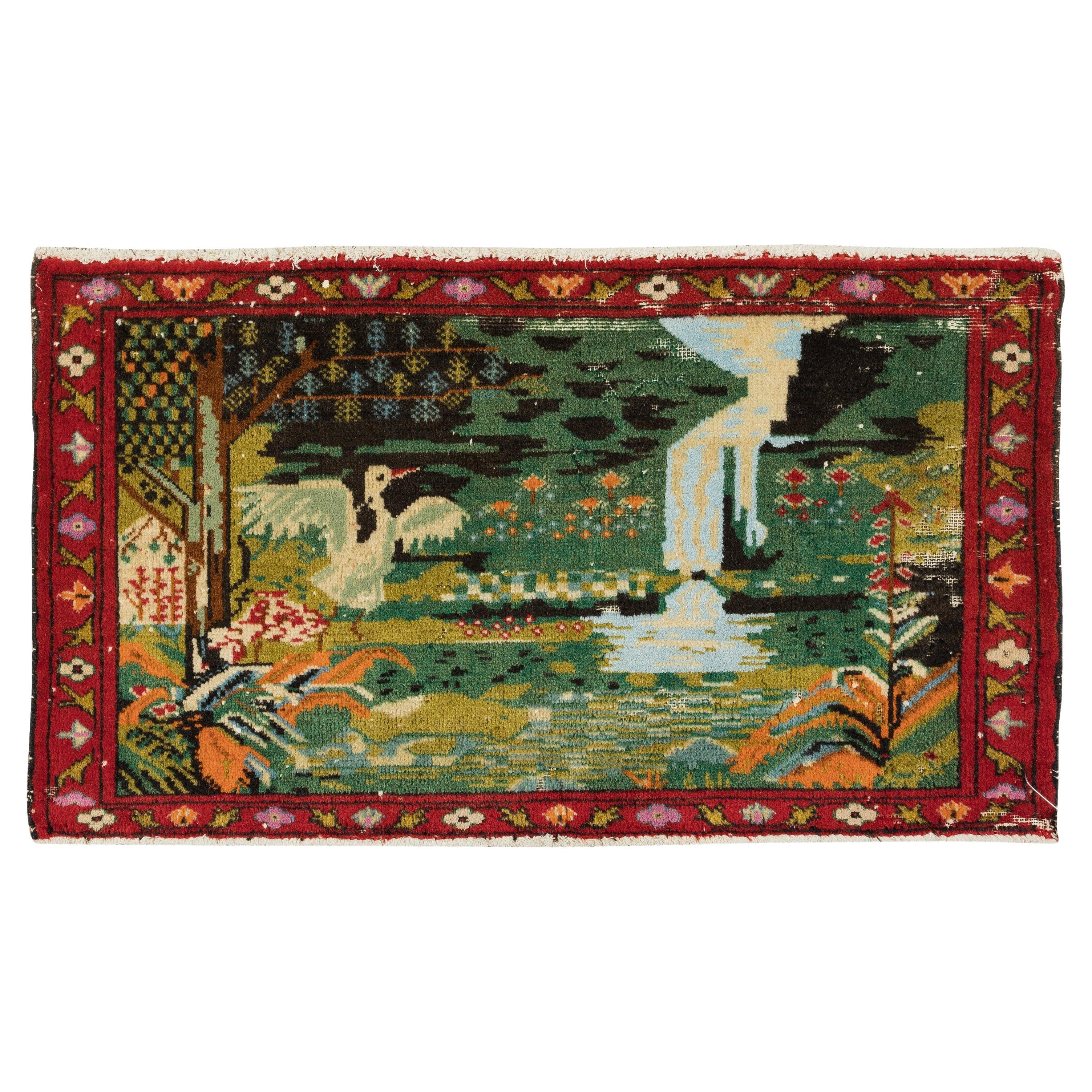 16x32 inches One of a Kind Wall Hanging, 1 of a Pair of Vintage Pictorial Rug For Sale