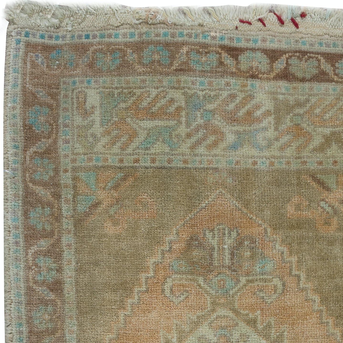 Hand-Knotted 1.6x3 Ft Vintage Mini Rug in Muted Colors. Handmade Door Mat, Turkish Bath Mat For Sale