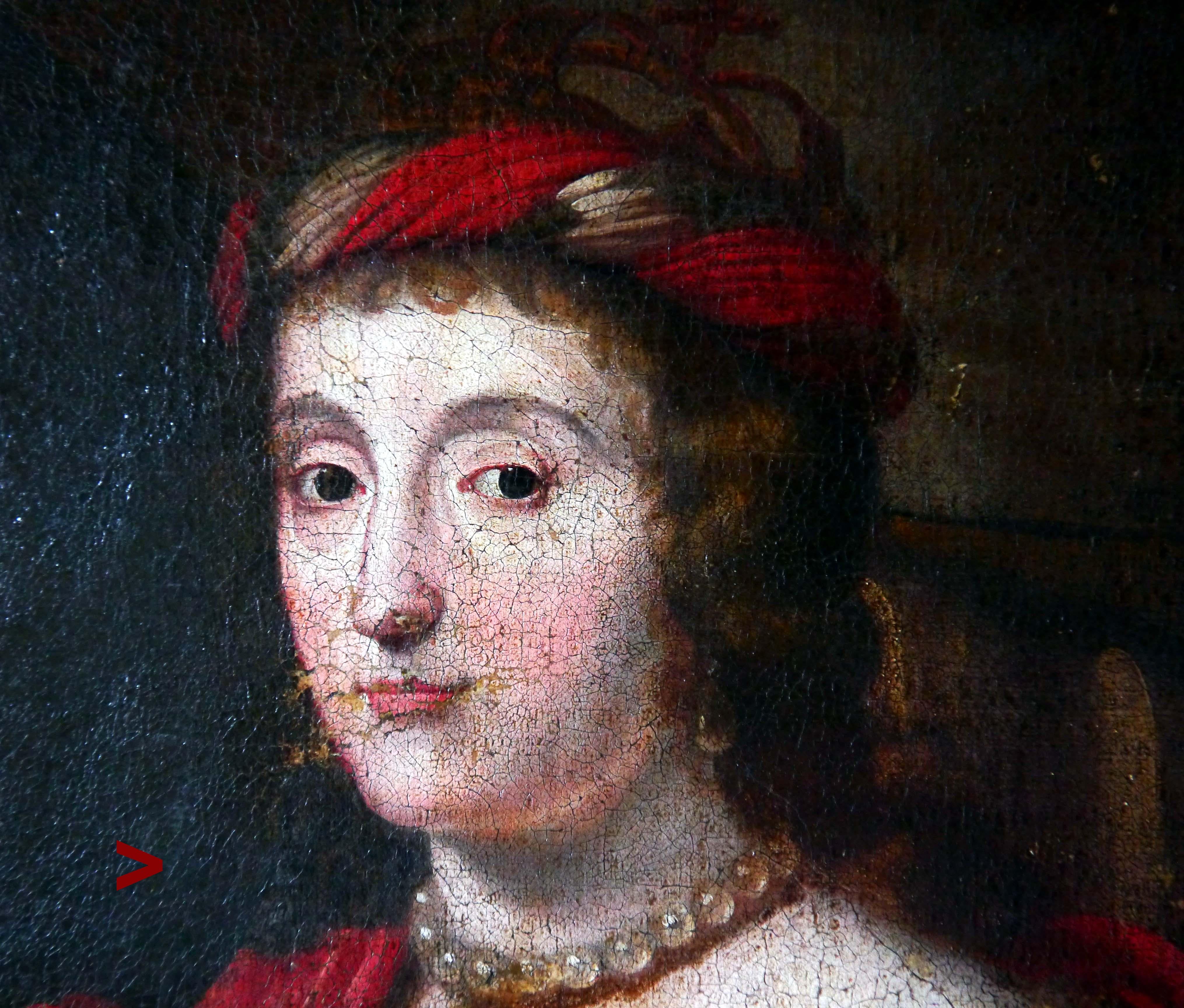 
Antique framed British (or French?) painting of Mary, Queen of Scots (1542 -1587 AD ).

Wearing Crown and purpur Mantle, holding a Scepter.Unsigned.Presumably dates to late 1600 - early 1700 .Original canvas was professionally relined in the