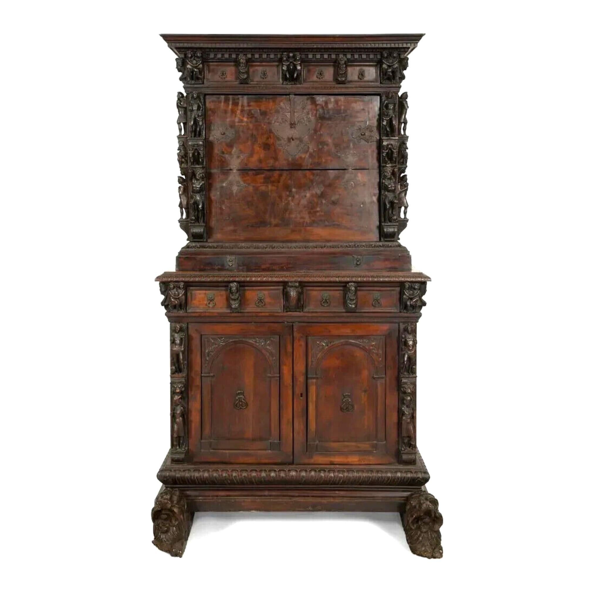 17-1800s Antique Continental Baroque Walnut, Carved, Bambochi Style Cabinet!! For Sale 5