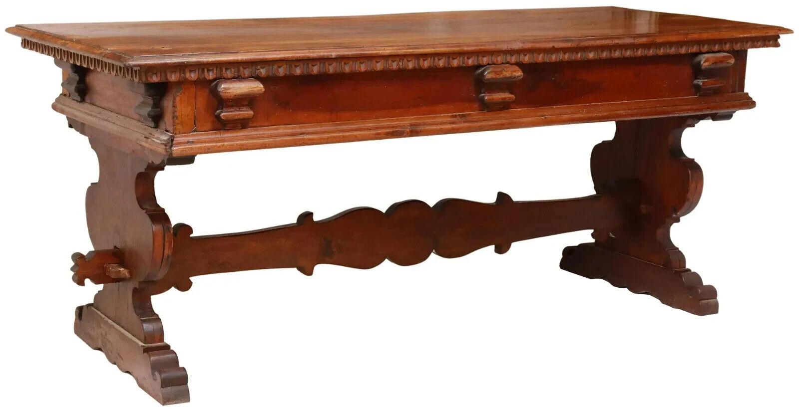 Outstanding Antique Table / Desk, Italian Walnut Trestle Library, Carved, Border, 18th /19th Century, 1700's-1800's!

This antique library table/desk is a stunning example of Italian walnut craftsmanship from the 17-1800s. With its intricately