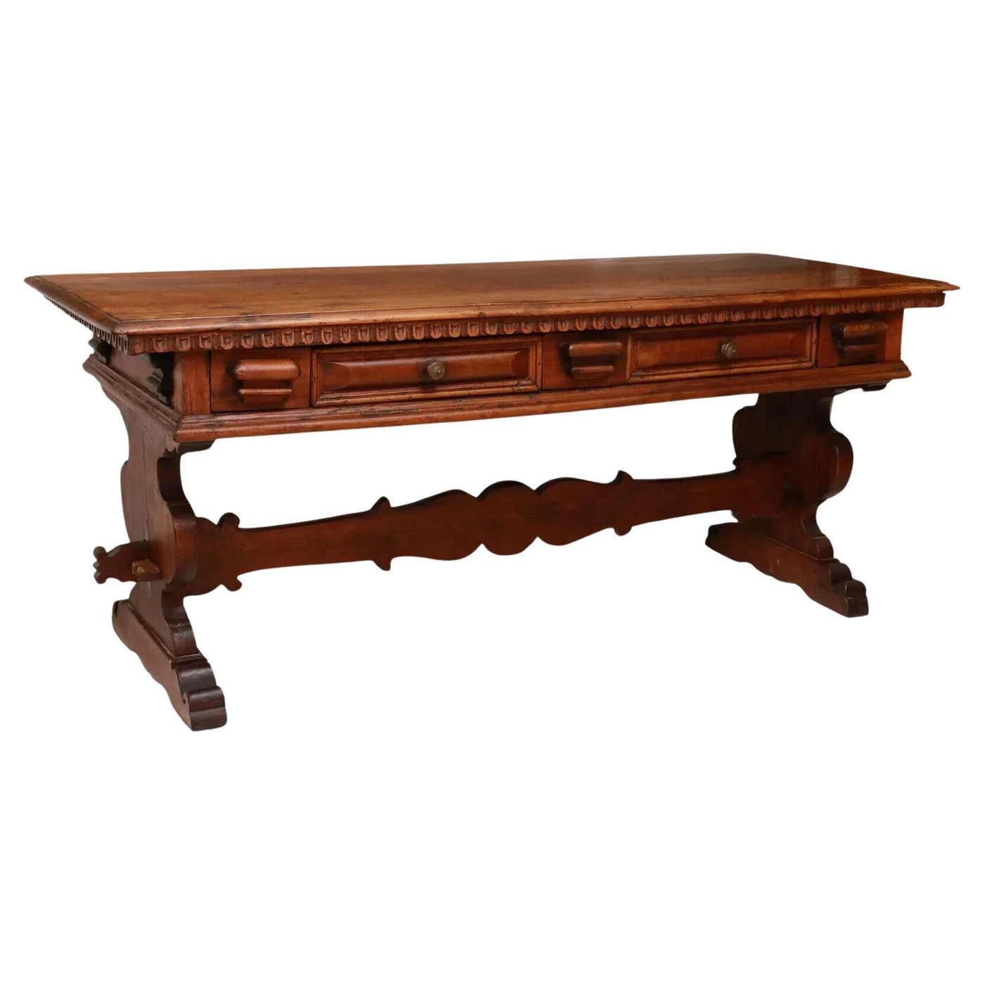 17-1800's Antique Italian Walnut Trestle Library, Carved, Border Table ...