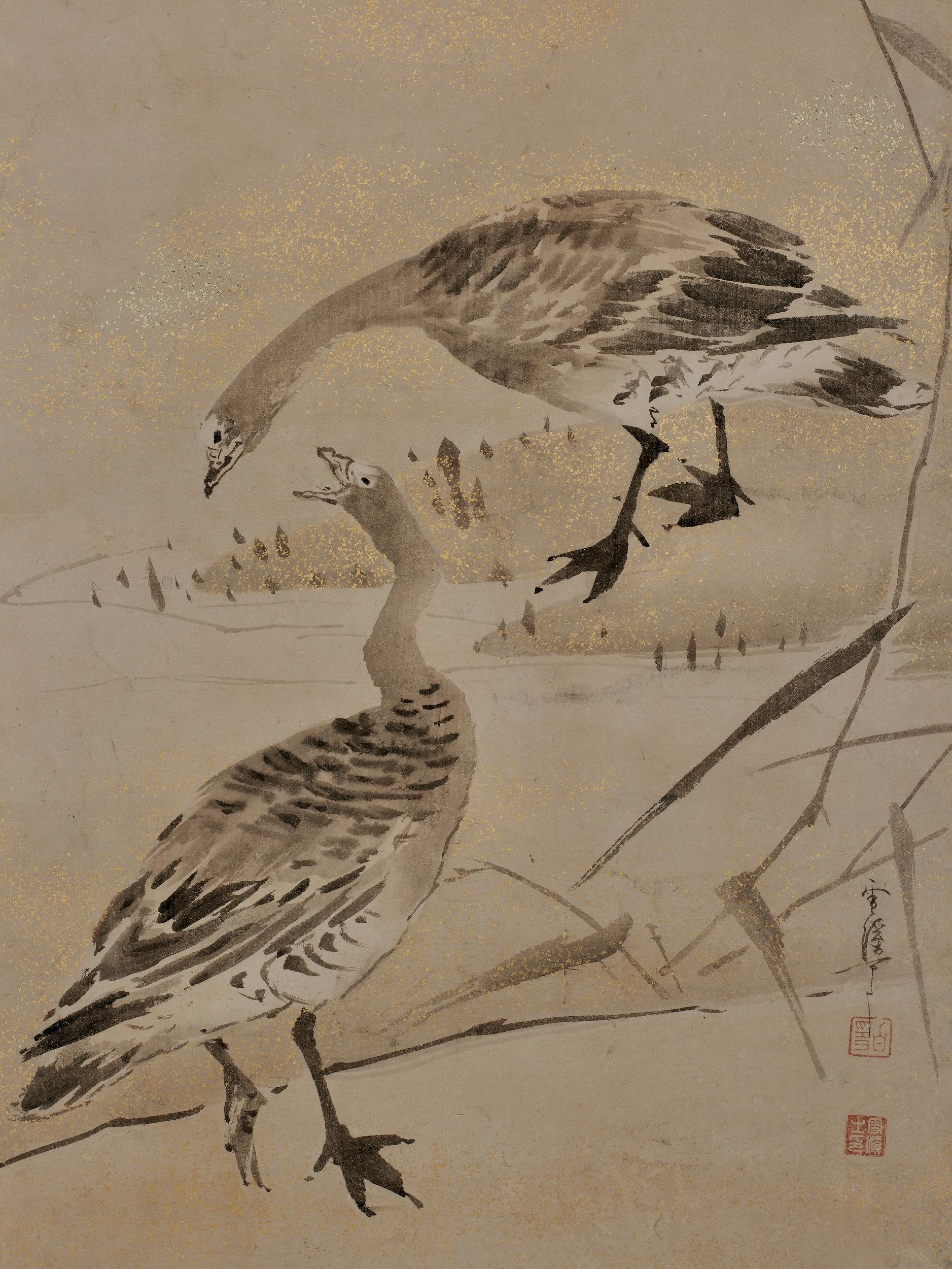 Yamaguchi Sekkei, (1644-1732)

Geese and reeds

Framed panel, ink and gold fleck on paper

Dimensions:

W. 54 cm x H. 128 cm (21” x 50”)

A 17th-18th century framed Japanese painting depicting a pair of wild geese amid reeds at the edge of