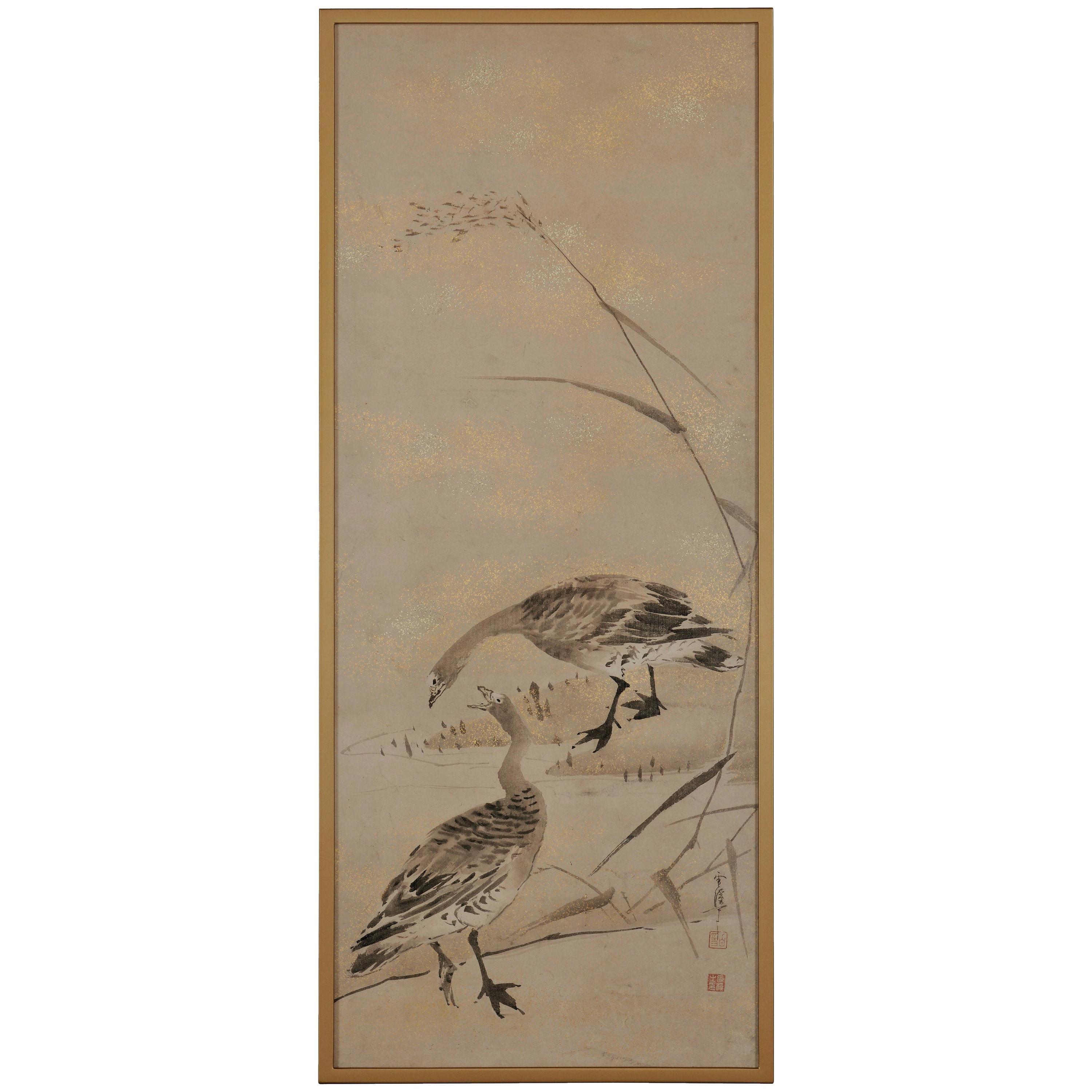 Japanese Painting, Framed, 17th-18th Century, Geese & Reeds by Yamaguchi Sekkei
