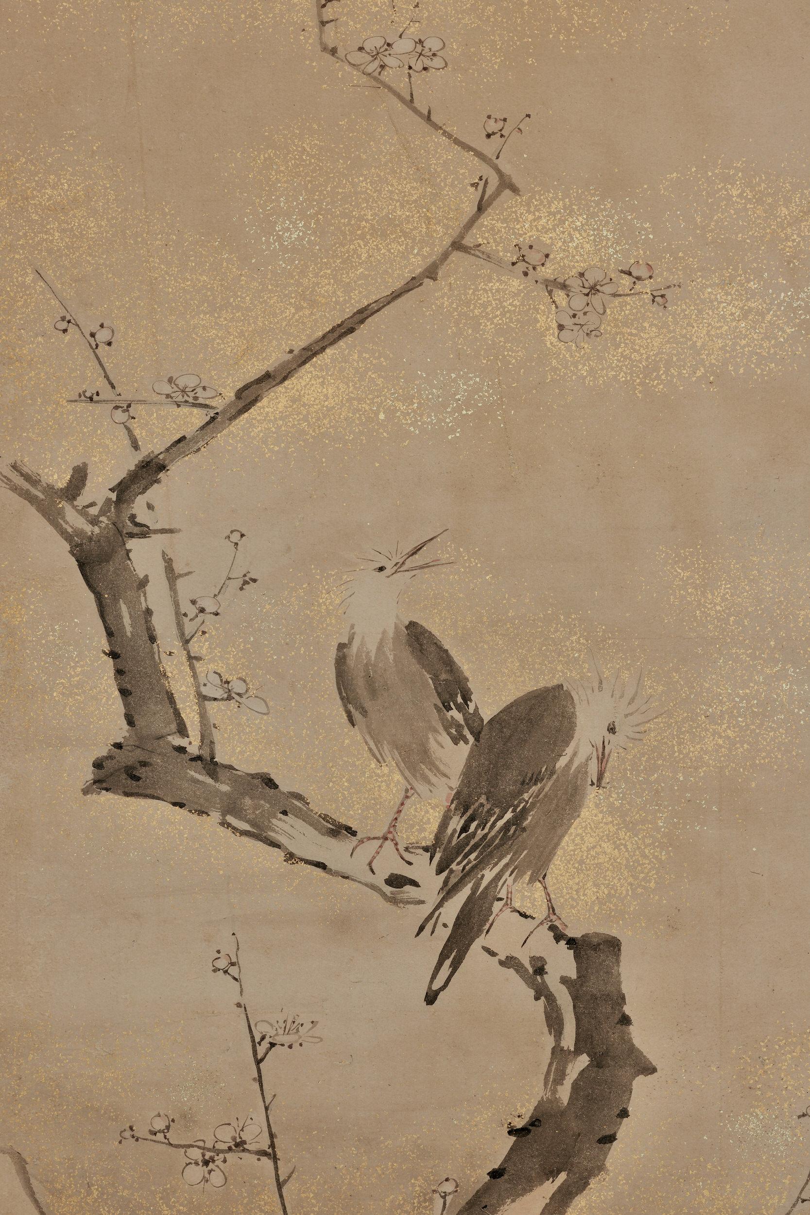 Yamaguchi Sekkei (1644-1732)

Spring plum and birds

Framed panel, ink and gold fleck on paper

Dimensions:

W. 54 cm x H. 128 cm (21” x 50”)

A framed Japanese panel depicting a pair of birds on an ancient and twisted plum tree. The
