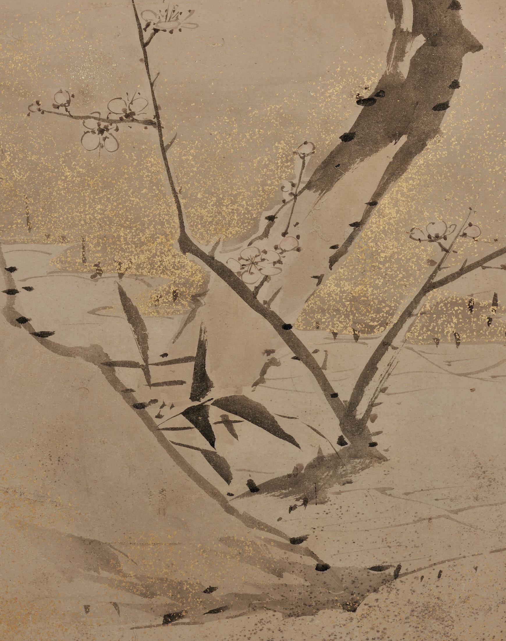 Edo Japanese Painting, Framed, 17th-18th Century, Plum & Bird by Yamaguchi Sekkei