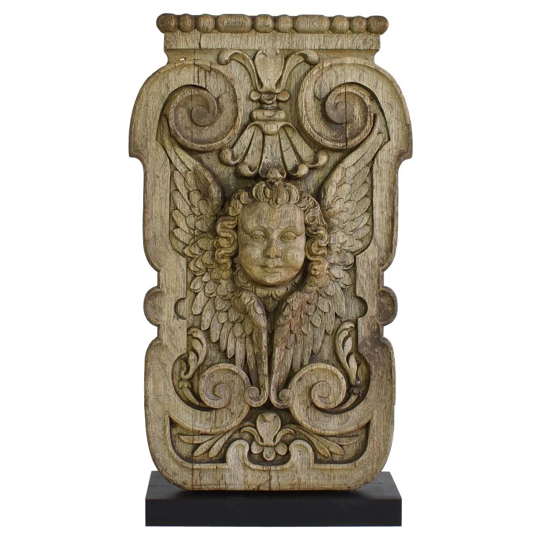 17/18th Century French Carved Oak Panel with Winged Angel Head