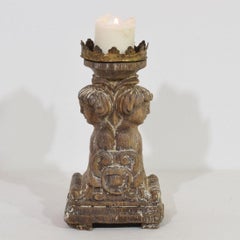 Candelabro barroco portugués de roble envejecido del siglo XVII-XVIII con bustos