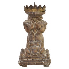 17/18th Century Portuguese Weathered Oak Baroque Candle-holder With Busts