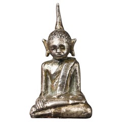 17/18thC Cambodian Silver Buddha-Rare Solid Cast Miniature 9834