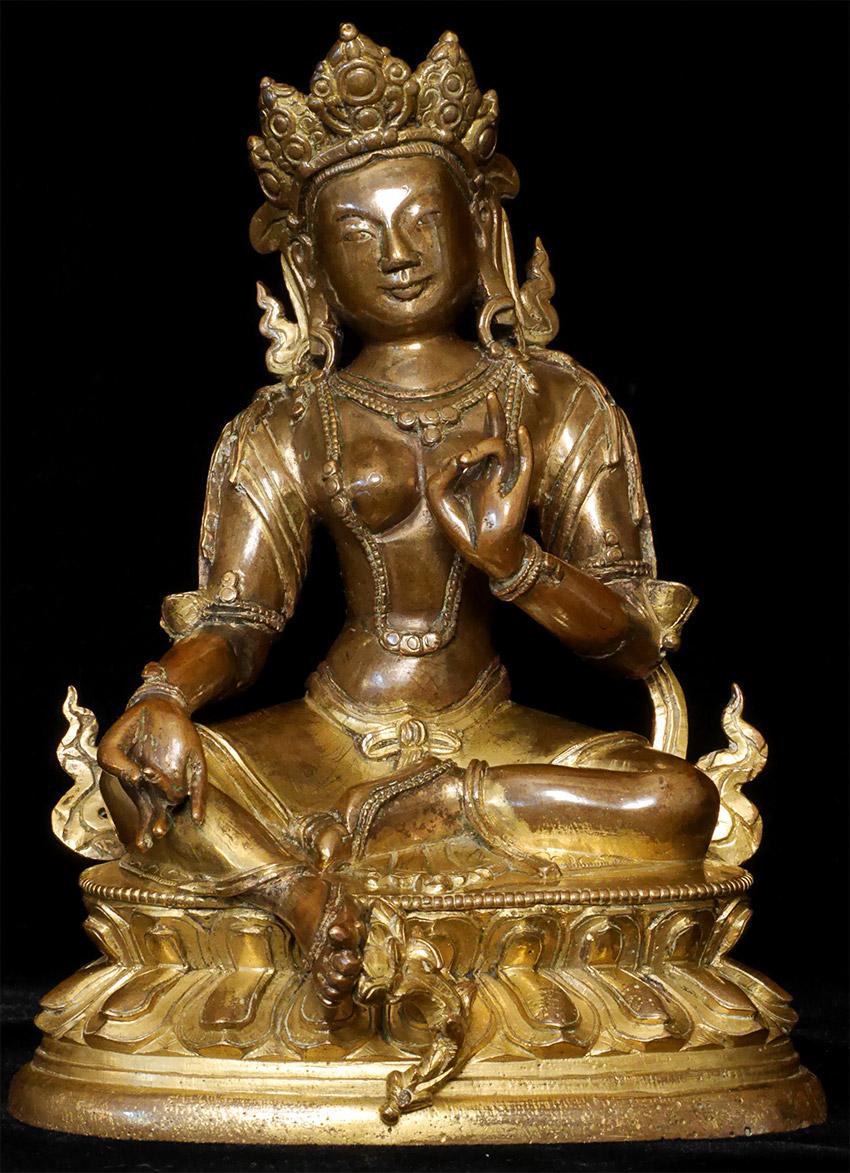 Very fine 17/18thC heavy Tibetan Bodhisattva from my 30-year personal collection. The warm rosy glow of the surface, the softness of the metal, and its incredible weight point to their being precious metal mixed into the alloy (likely a good amount