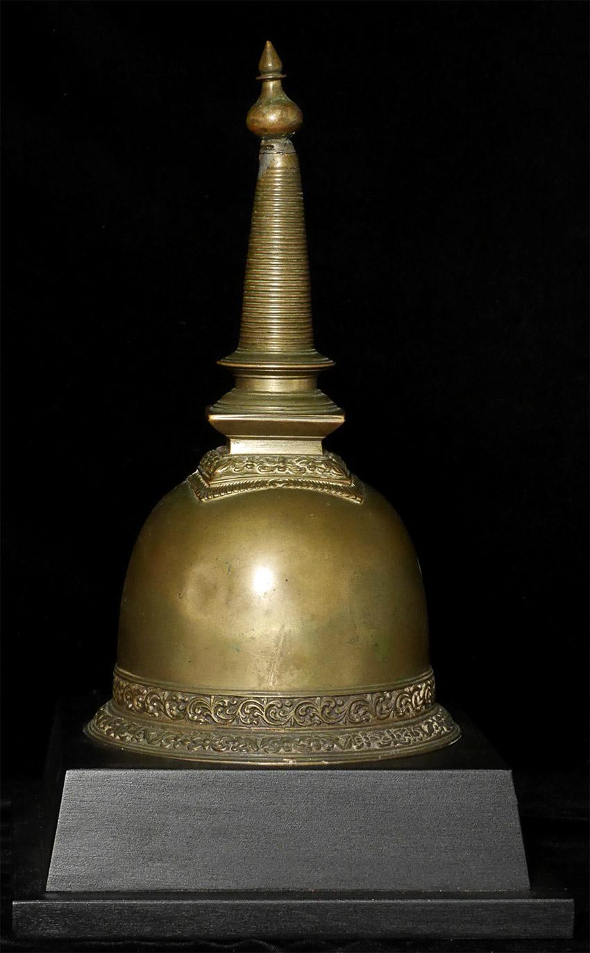 17/18thC or earlier Sri Lankan Stupa turned bell is 9.75 inches tall, 11.5 inches on custom Stand. Clapper (may have been added later) is a bit too long for bell to sit flat, so Stand has a depression for the clapper. Uncommon and very beautiful