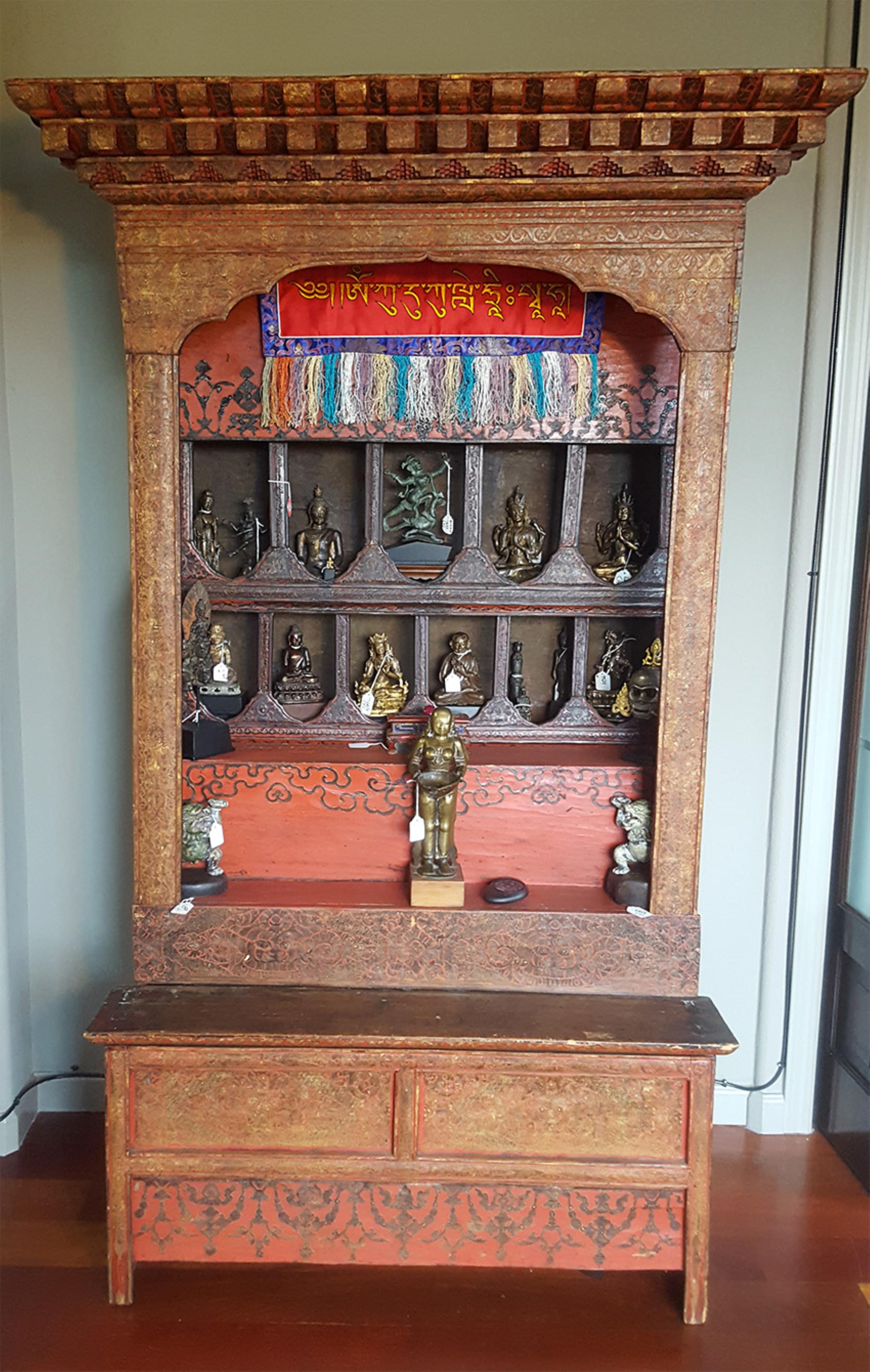 17-19thC Antique Tibetan altar from the estate of the great comedian Gary Shandling. The main part of the altar looks to be quite early based on construction and the very intricate lacquer design work, the way the wood is cut, the detail and design
