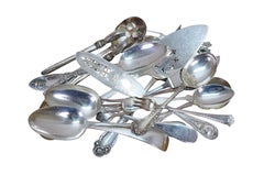 17 Antique Silver Plate Serving Utensils Forks Spoons Meat Fish Cake Knife