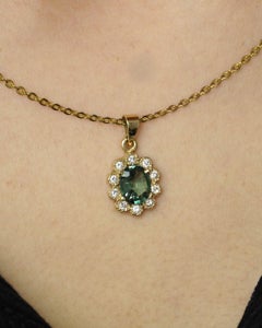 1.7 Carart Australian Teal Green Sapphire Diamond Halo Flower Pendant 14K Gold
