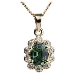 1.7 Carart Australian Teal Green Sapphire Diamond Halo Flower Pendant 14K Gold