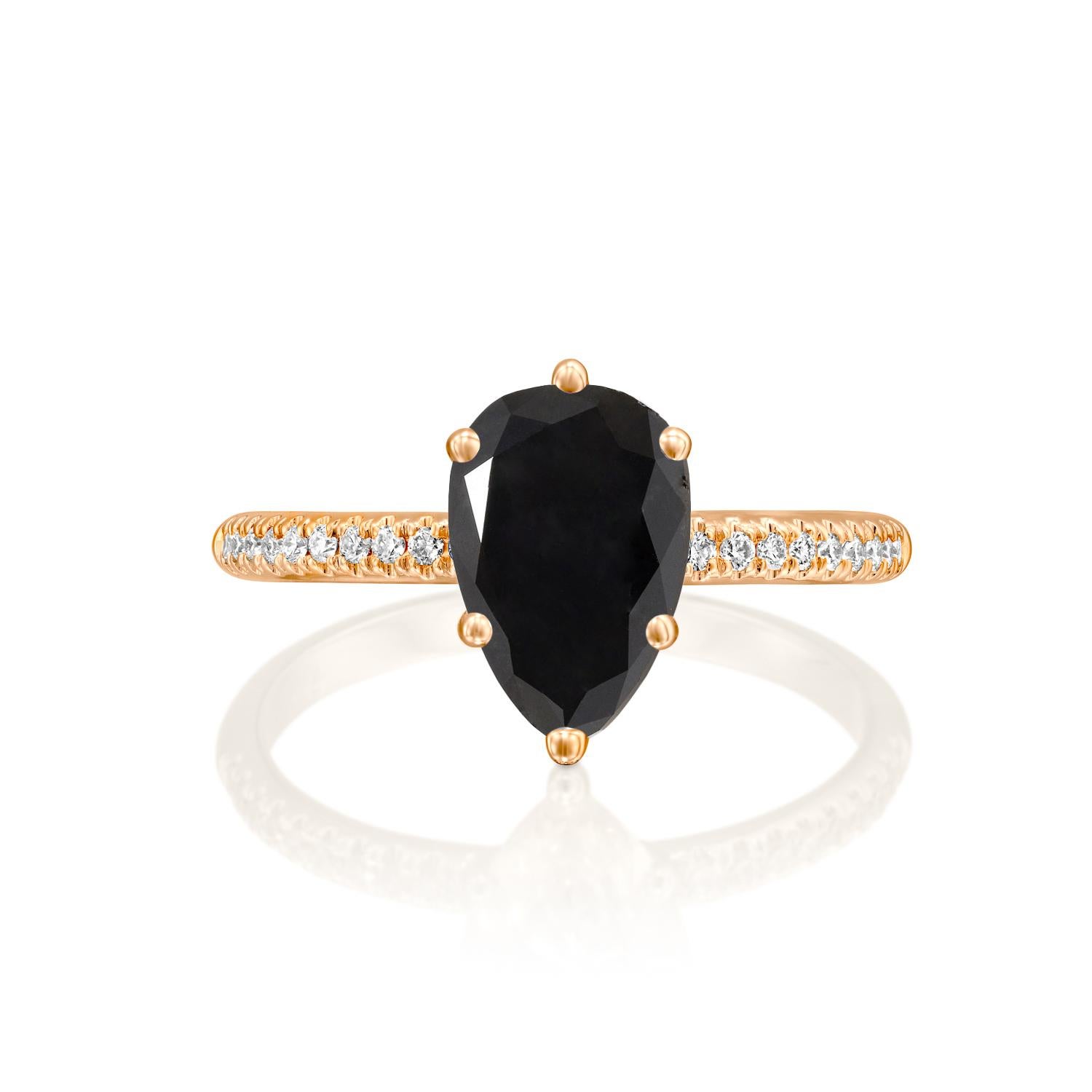 Beautiful solitaire with accents vintage style diamond engagement ring. Center stone is natural, pear shaped, AAA quality Black Diamond of 1.5 carat and it is surrounded by smaller natural diamonds approx. 0.2 total carat weight. The total carat