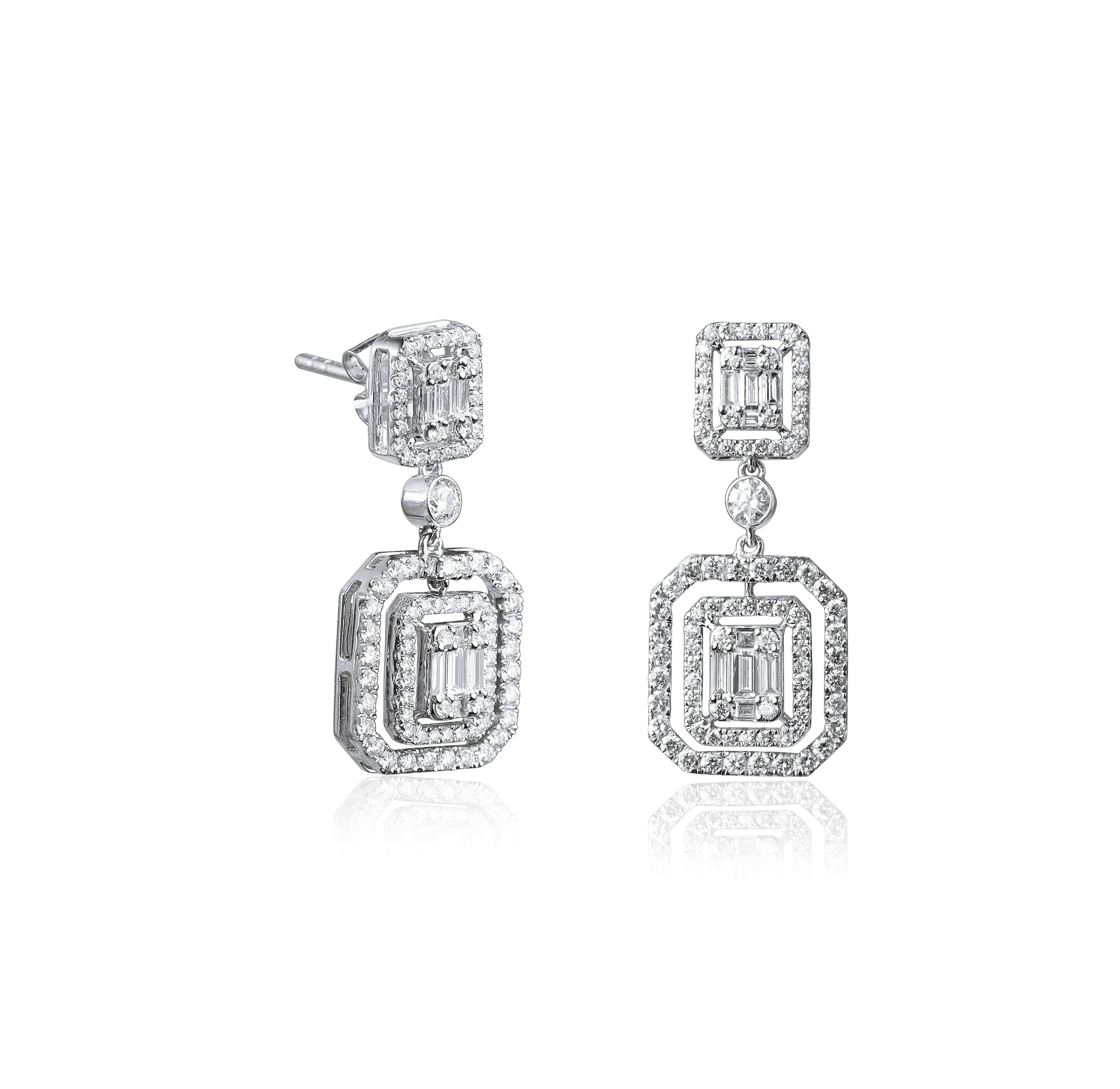1.7 Carat Art Deco Diamond Baguette Cut Earrings with Illusion Setting, G VS In New Condition For Sale In Jaipur, RJ