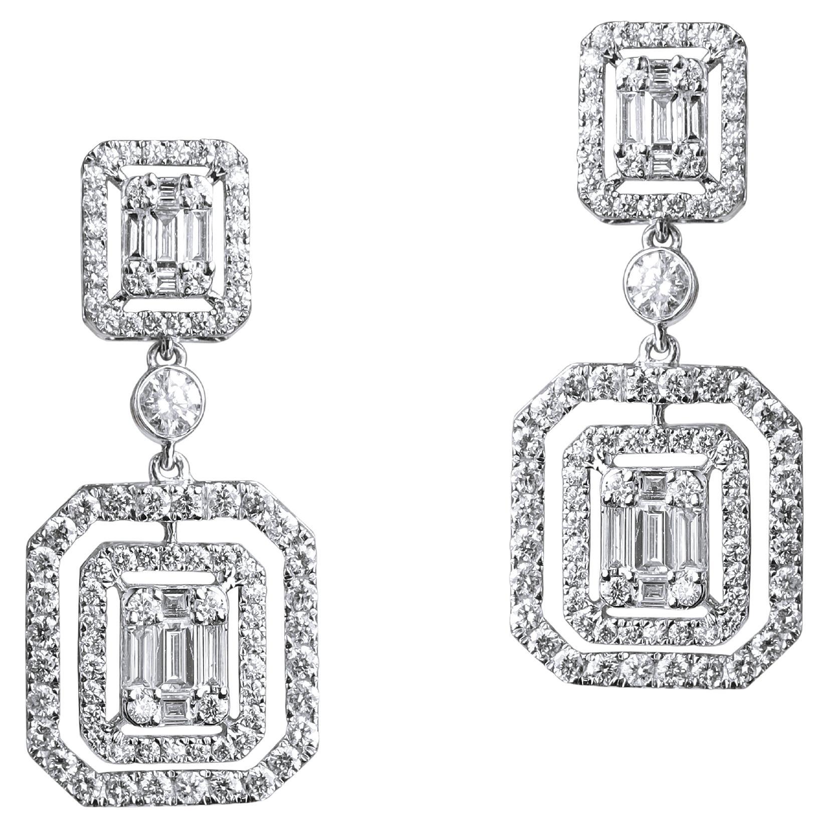 1.7 Carat Art Deco Diamond Baguette Cut Earrings with Illusion Setting, G VS