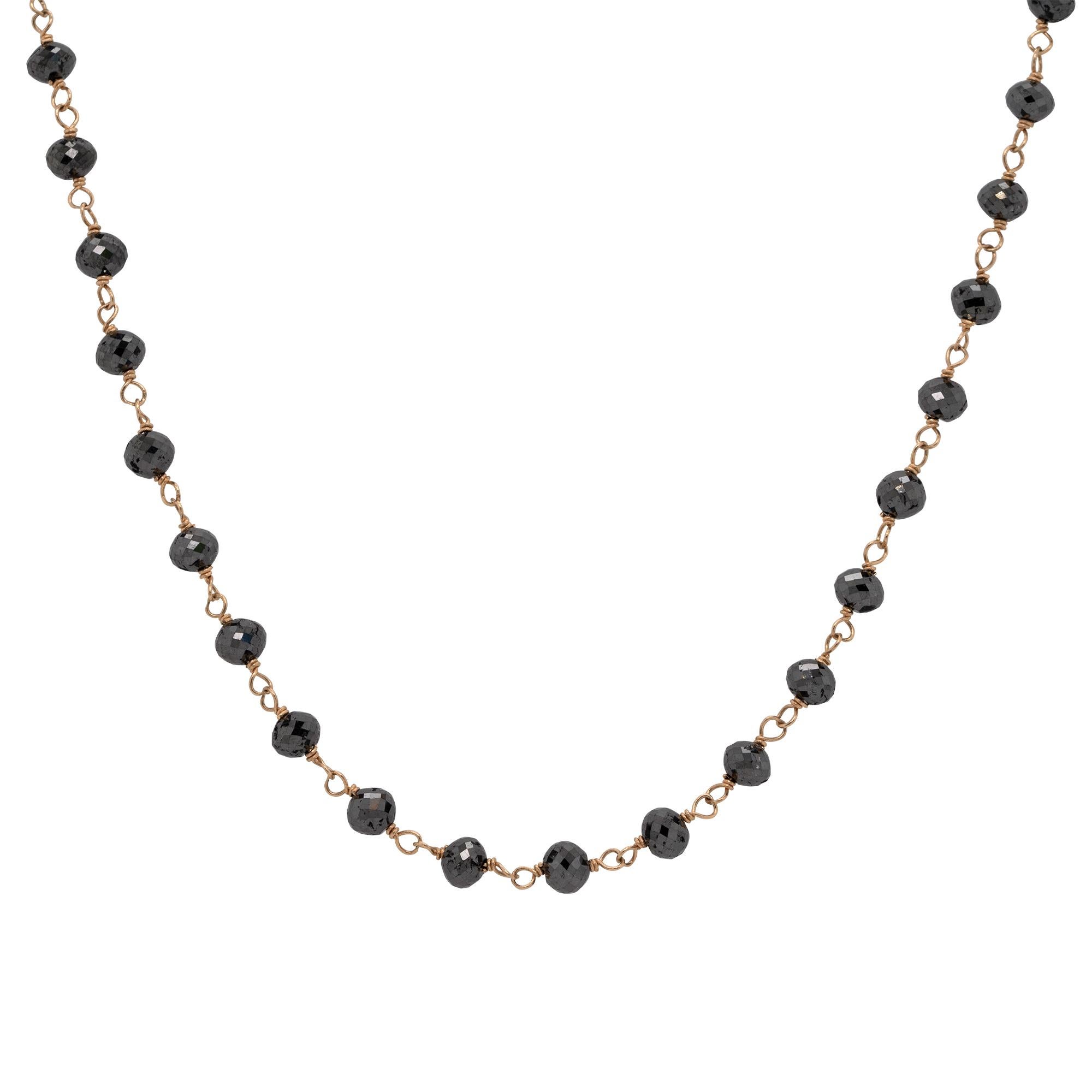 Round Cut 17 Carat Black Round Faceted Diamond Bead Necklace 14 Karat in Stock