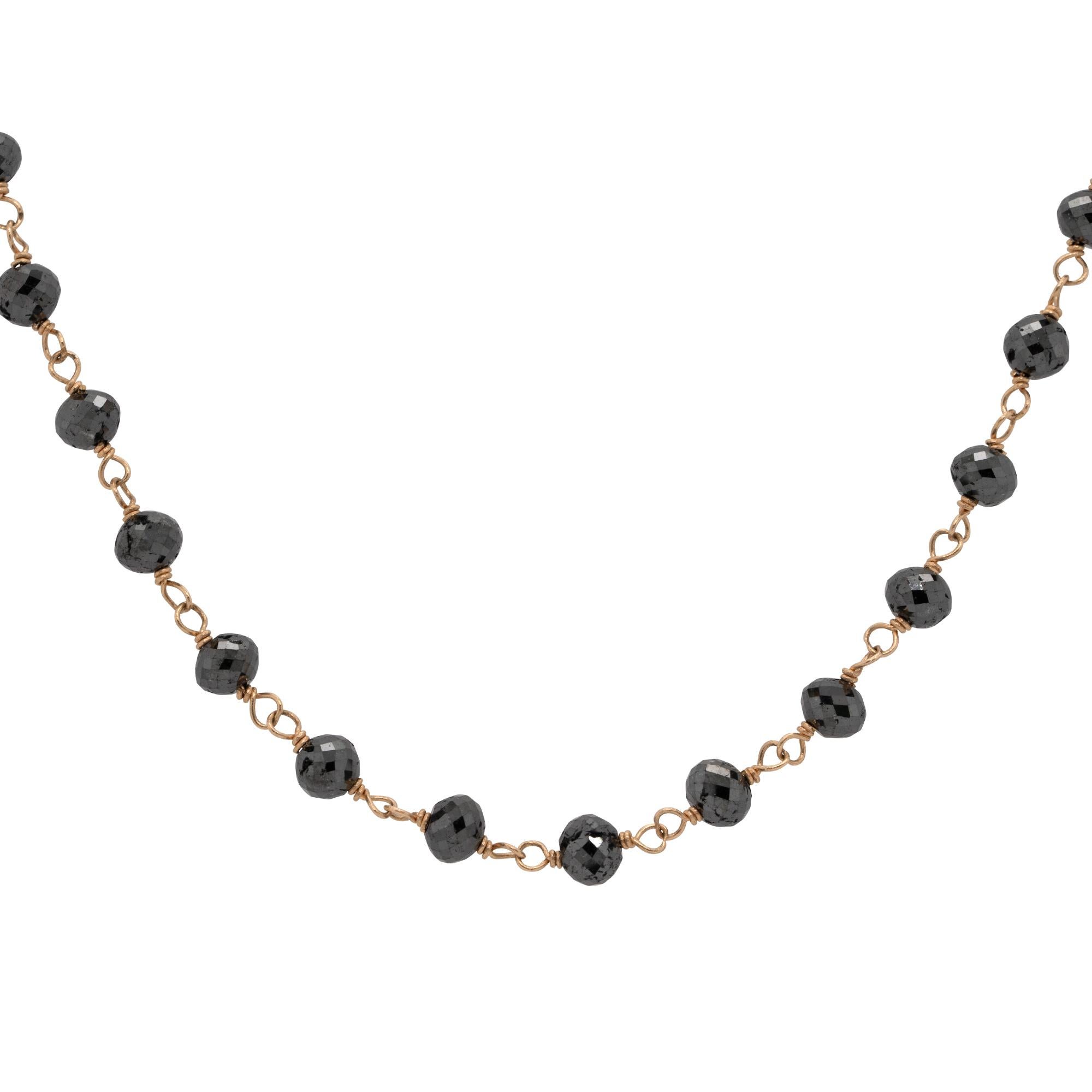 17 Carat Black Round Faceted Diamond Bead Necklace 14 Karat in Stock In Excellent Condition In Boca Raton, FL