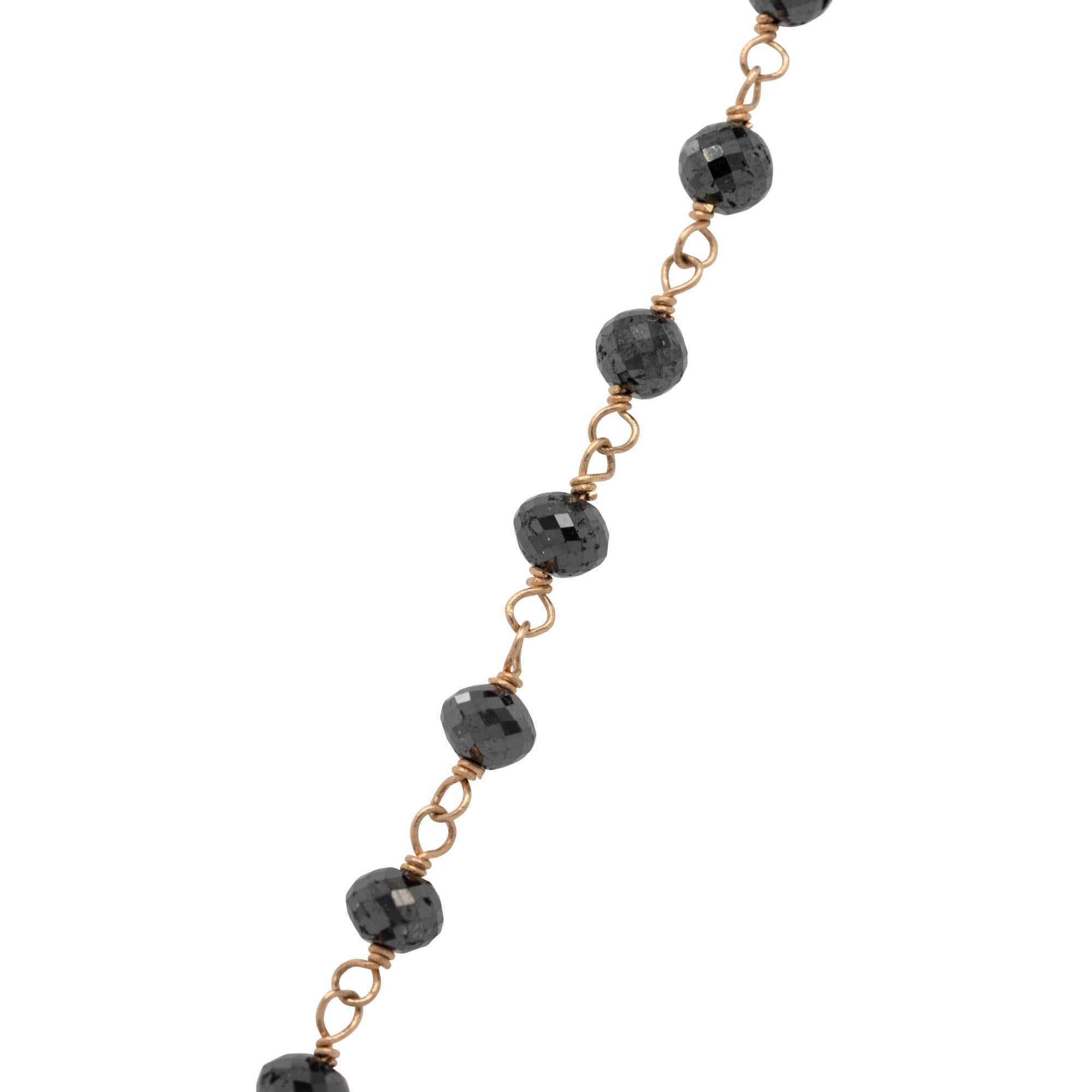 Women's or Men's 17 Carat Black Round Faceted Diamond Bead Necklace 14 Karat in Stock