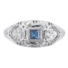 .17 Carat Blue Sapphire Diamond Art Deco White Gold Ring