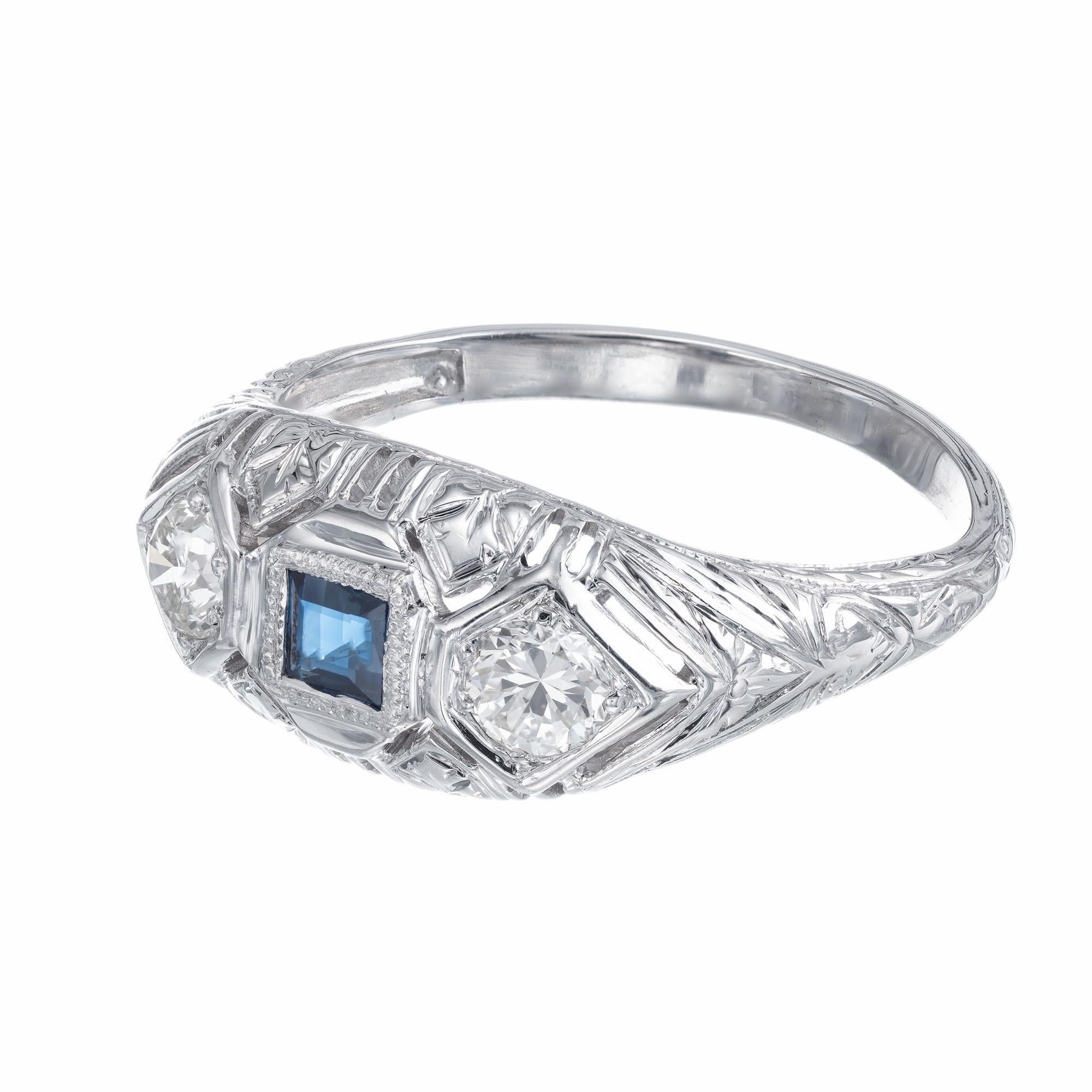 .17 Karat Blauer Saphir Diamant Art Deco Weißgold Ring (Rundschliff) im Angebot