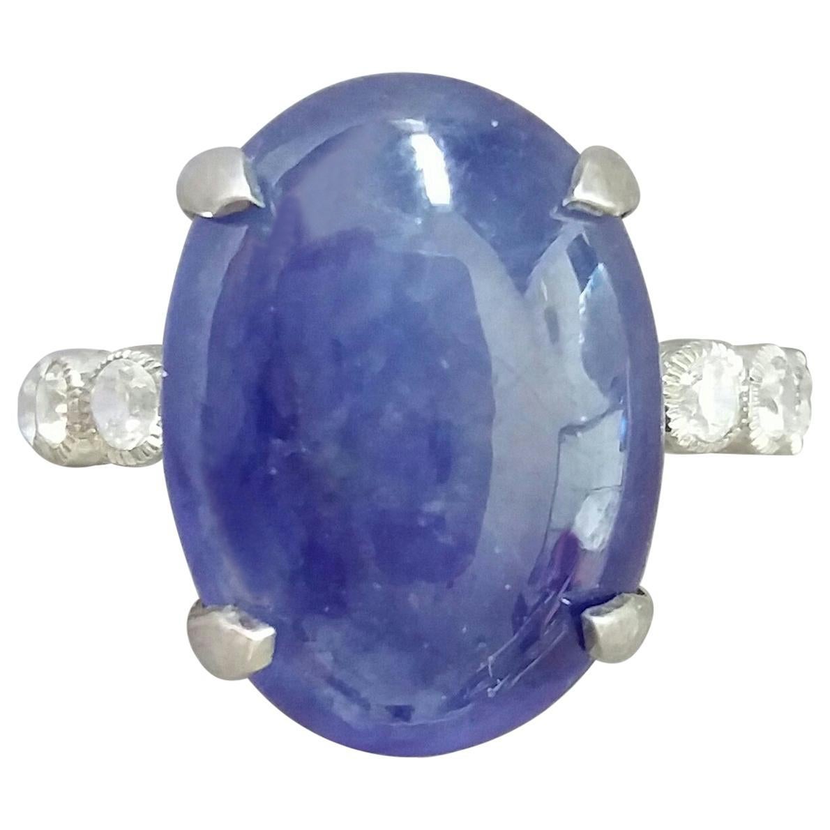 17 Carati Zaffiro Blu Ovale Cabochon Oro Taglio Completo Diamanti Rotondi Anello Cocktail