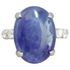 17 Carat Blue Sapphire Oval Cabochon Gold Full Cut Round Diamonds Cocktail Ring