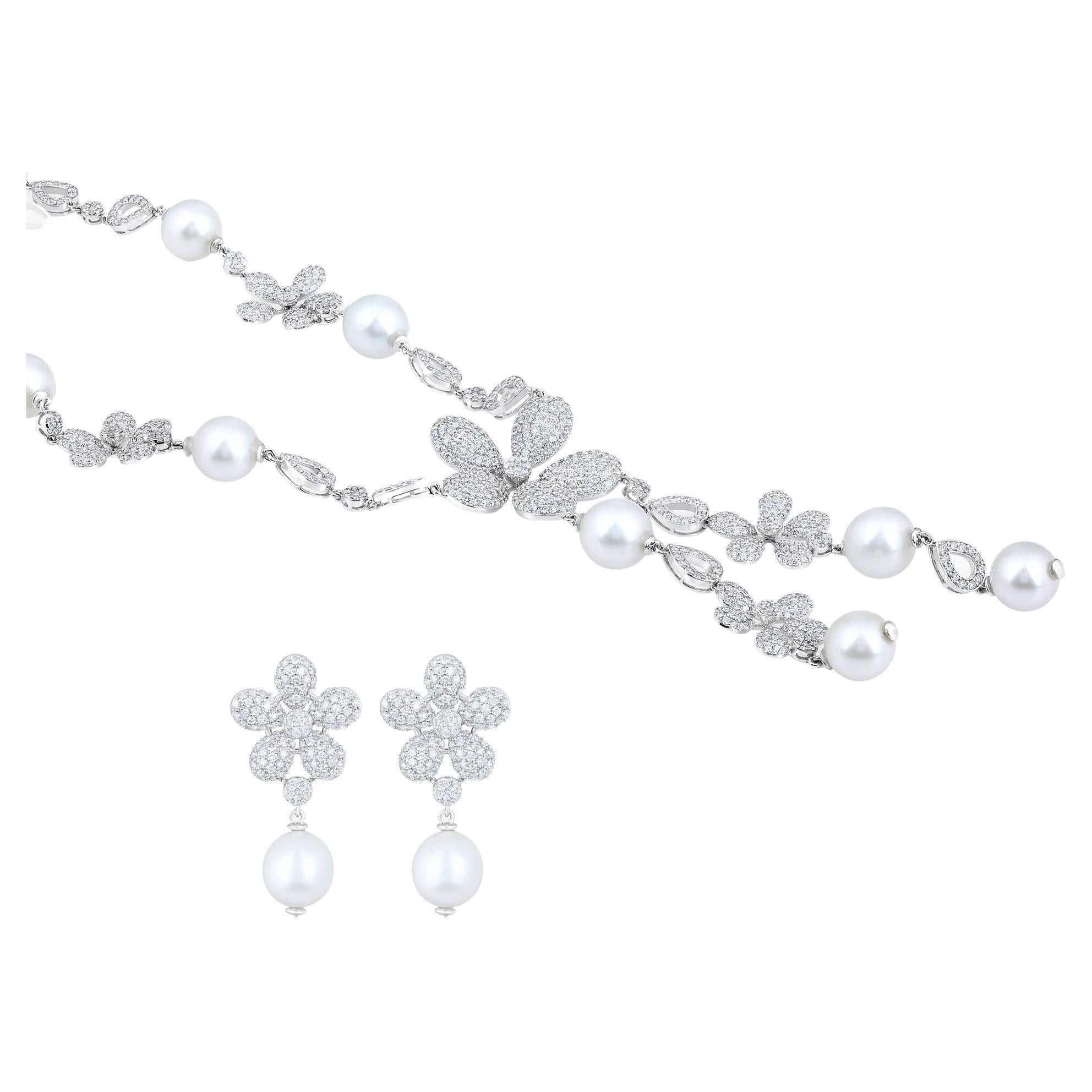 Designer 17.4ct Natural Diamond w/ Pearl 10K Gold Wedding Necklace Earrings Set