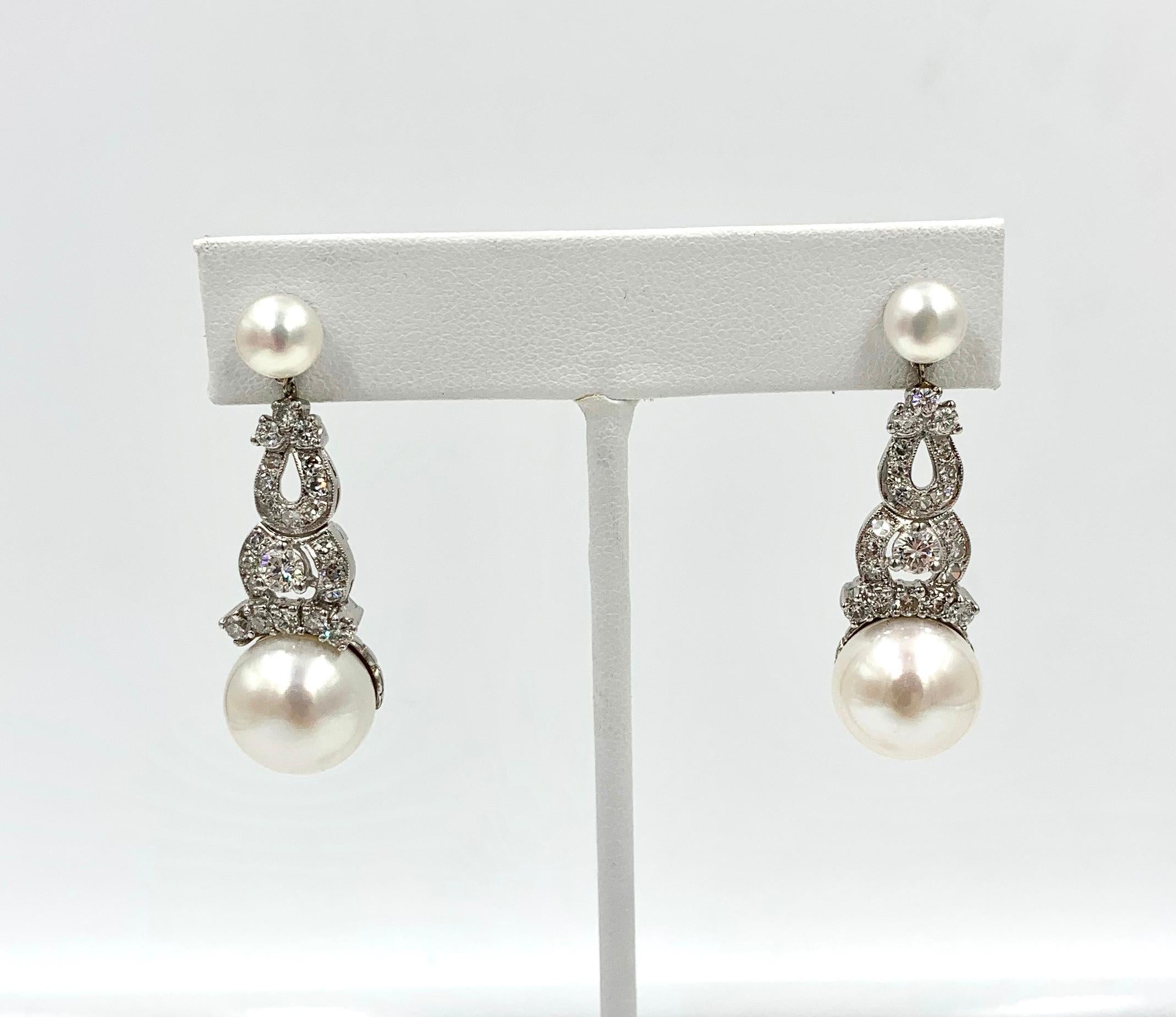 Contemporary 1.7 Carat Diamond South Sea Pearl Drop Earrings 18 Karat White Gold