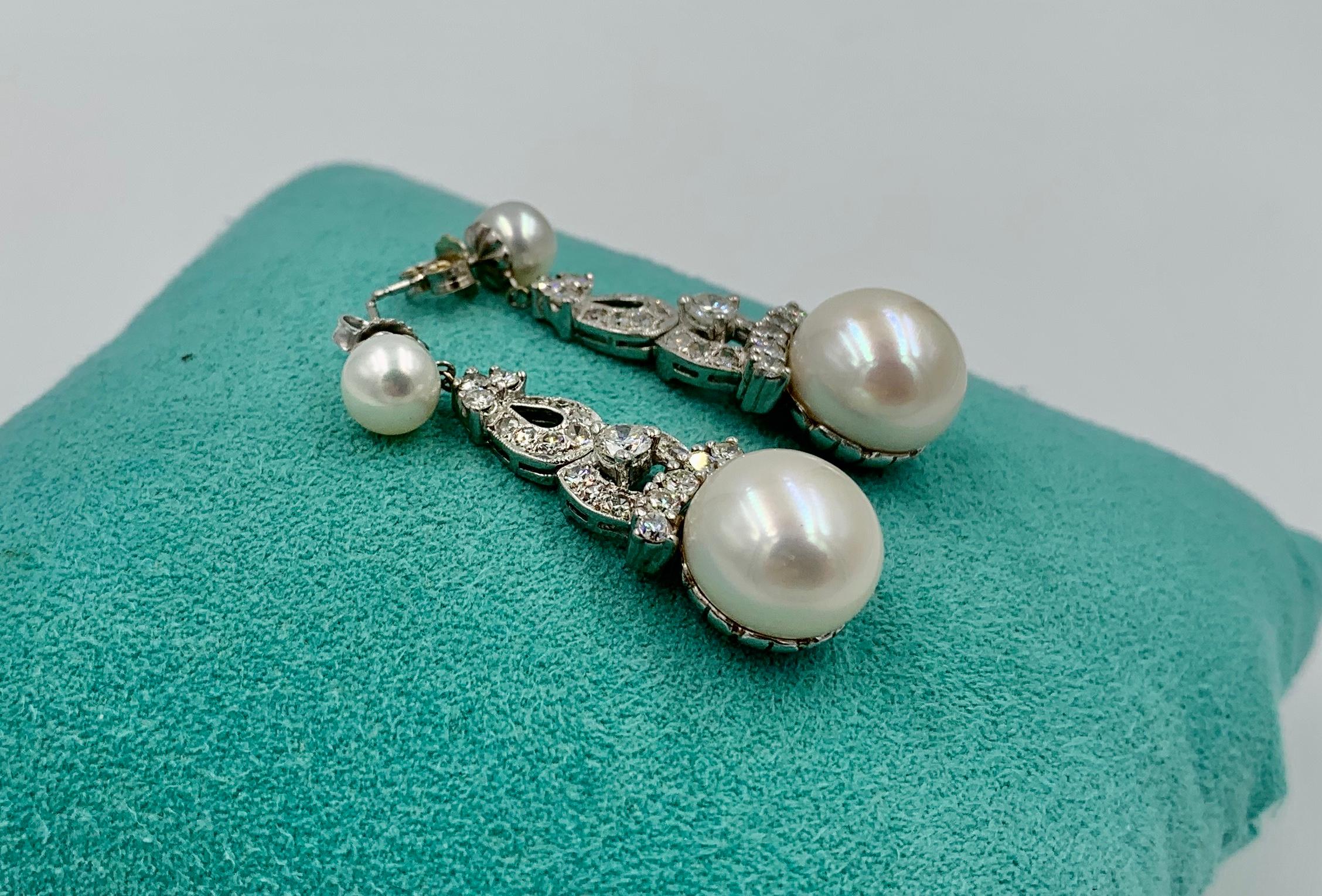 Round Cut 1.7 Carat Diamond South Sea Pearl Drop Earrings 18 Karat White Gold