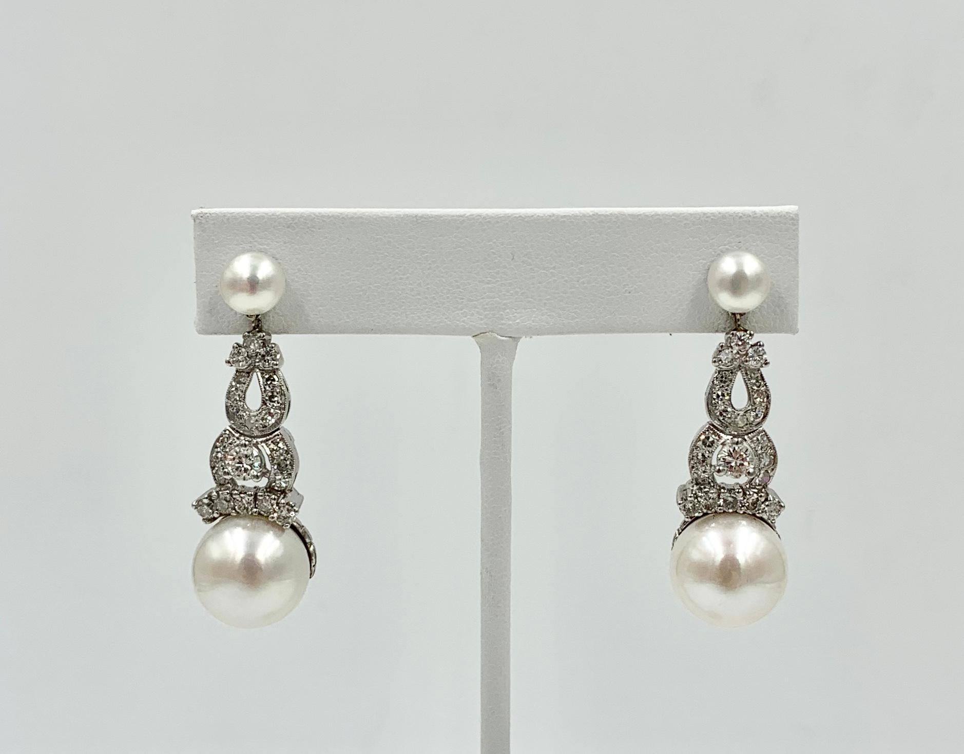 1.7 Carat Diamond South Sea Pearl Drop Earrings 18 Karat White Gold In Good Condition In New York, NY