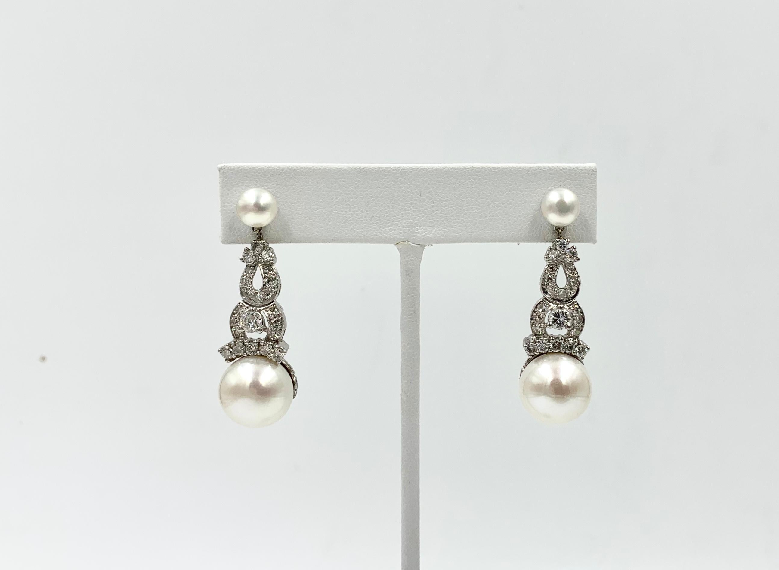 Women's 1.7 Carat Diamond South Sea Pearl Drop Earrings 18 Karat White Gold