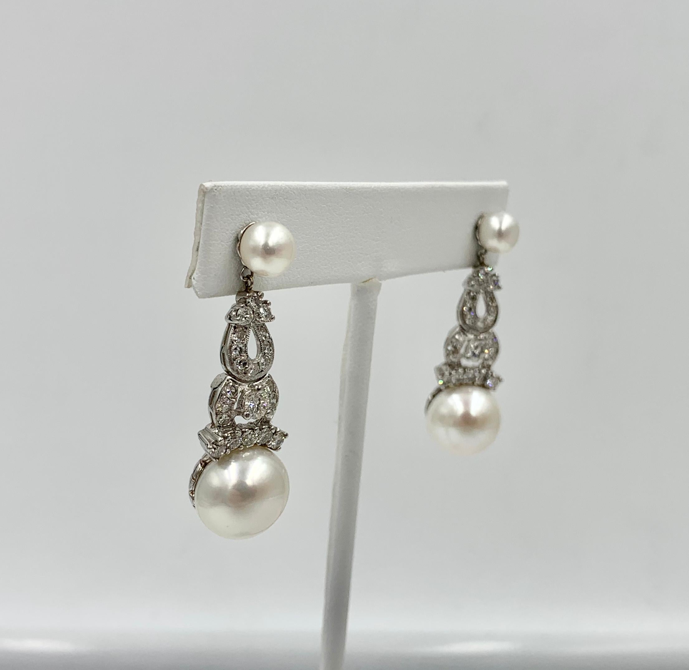 1.7 Carat Diamond South Sea Pearl Drop Earrings 18 Karat White Gold 1