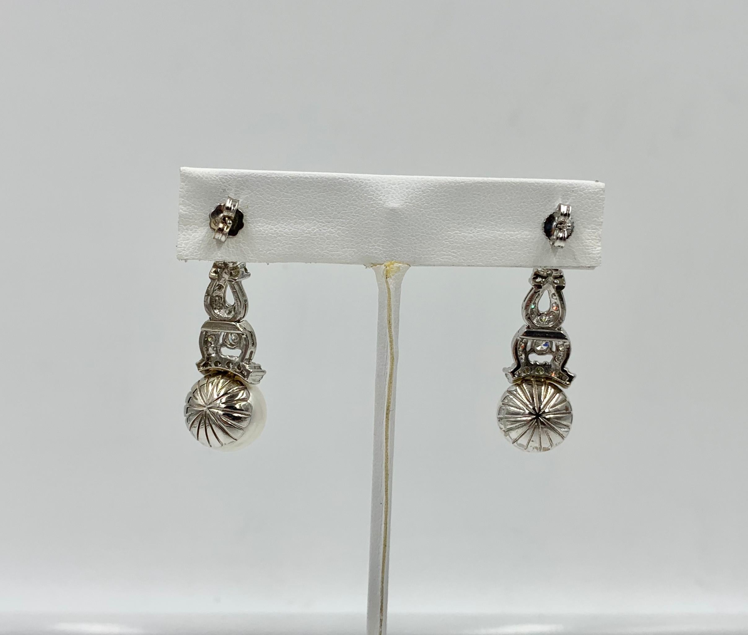 1.7 Carat Diamond South Sea Pearl Drop Earrings 18 Karat White Gold 2