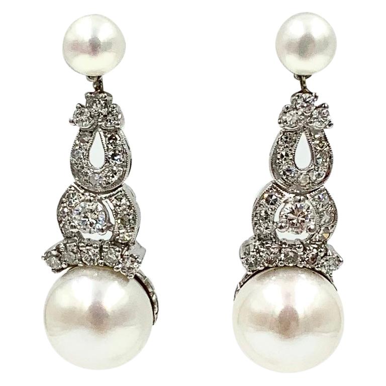 1.7 Carat Diamond South Sea Pearl Drop Earrings 18 Karat White Gold