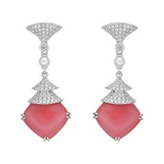 17 Carat Moonstone Earrings in 18 Karat Gold with Diamond & Pearls
