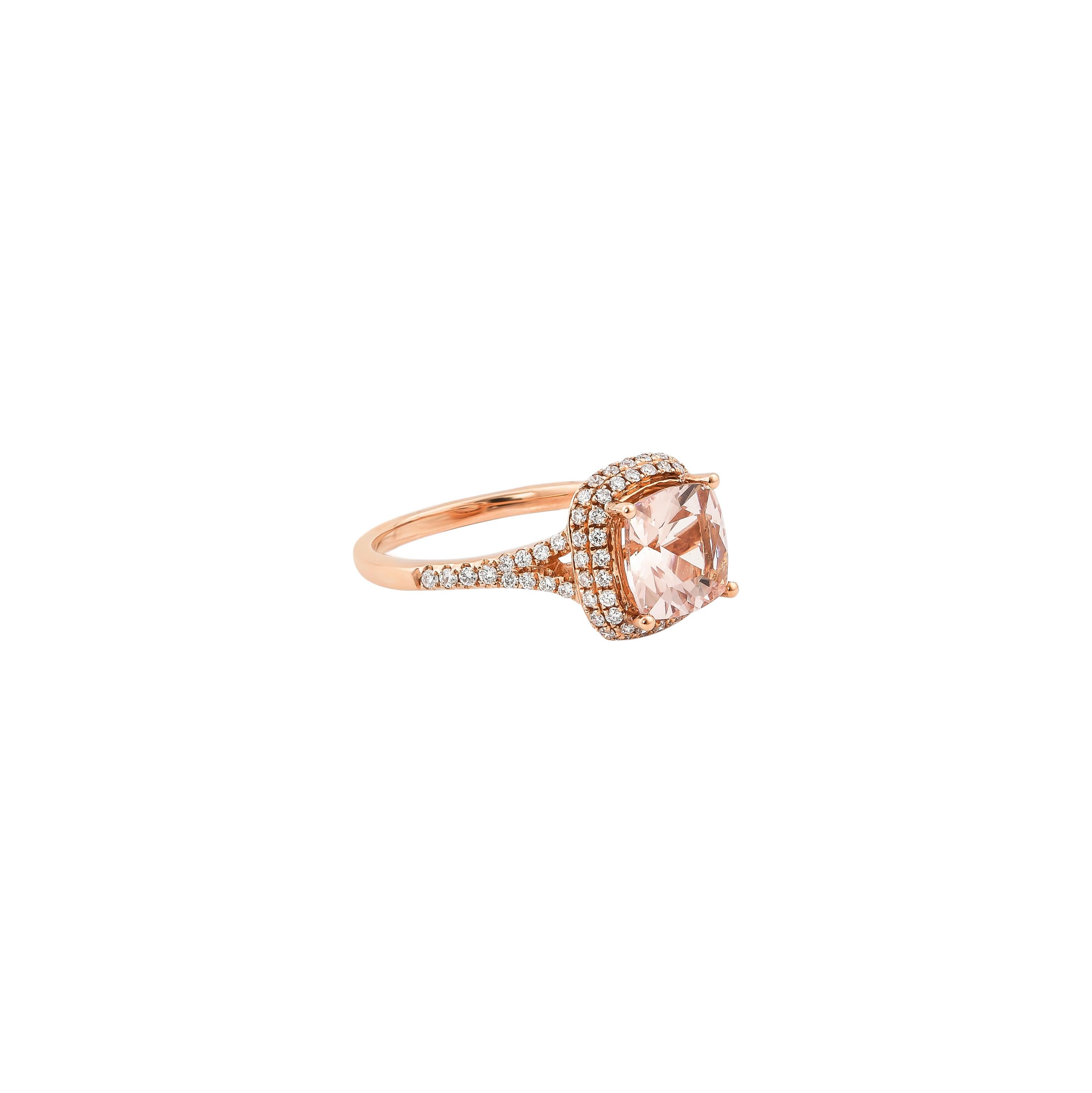 This collection features an array of magnificent morganites! Accented with diamonds these rings are made in rose gold and present a classic yet elegant look. 

Classic morganite ring in 18K rose gold with diamonds. 

Morganite: 1.75 carat cushion