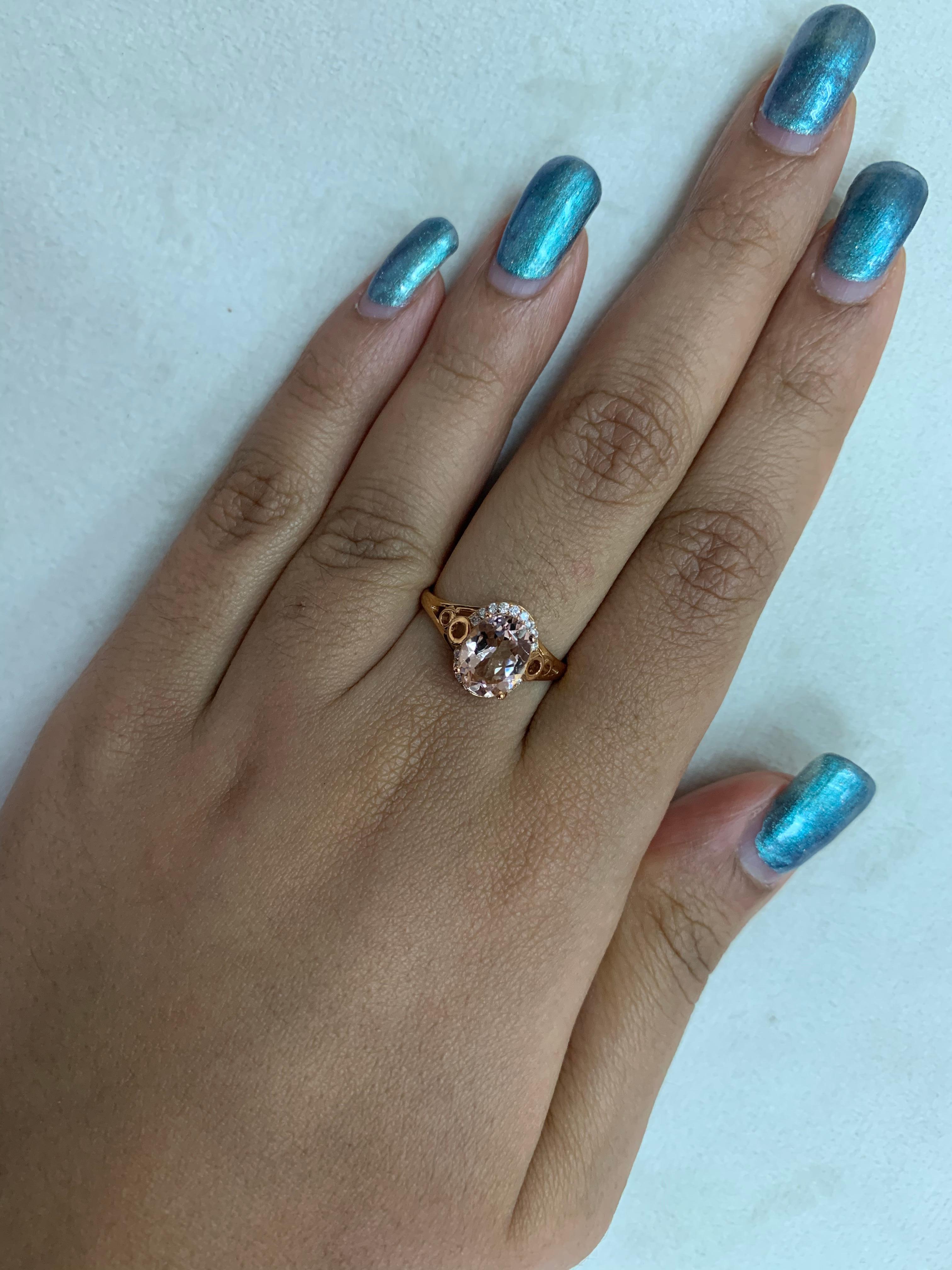 This collection features an array of magnificent morganites! Accented with diamonds these rings are made in rose gold and present a classic yet elegant look. 

Classic morganite ring in 18K rose gold with diamonds. 

Morganite: 1.72 carat oval