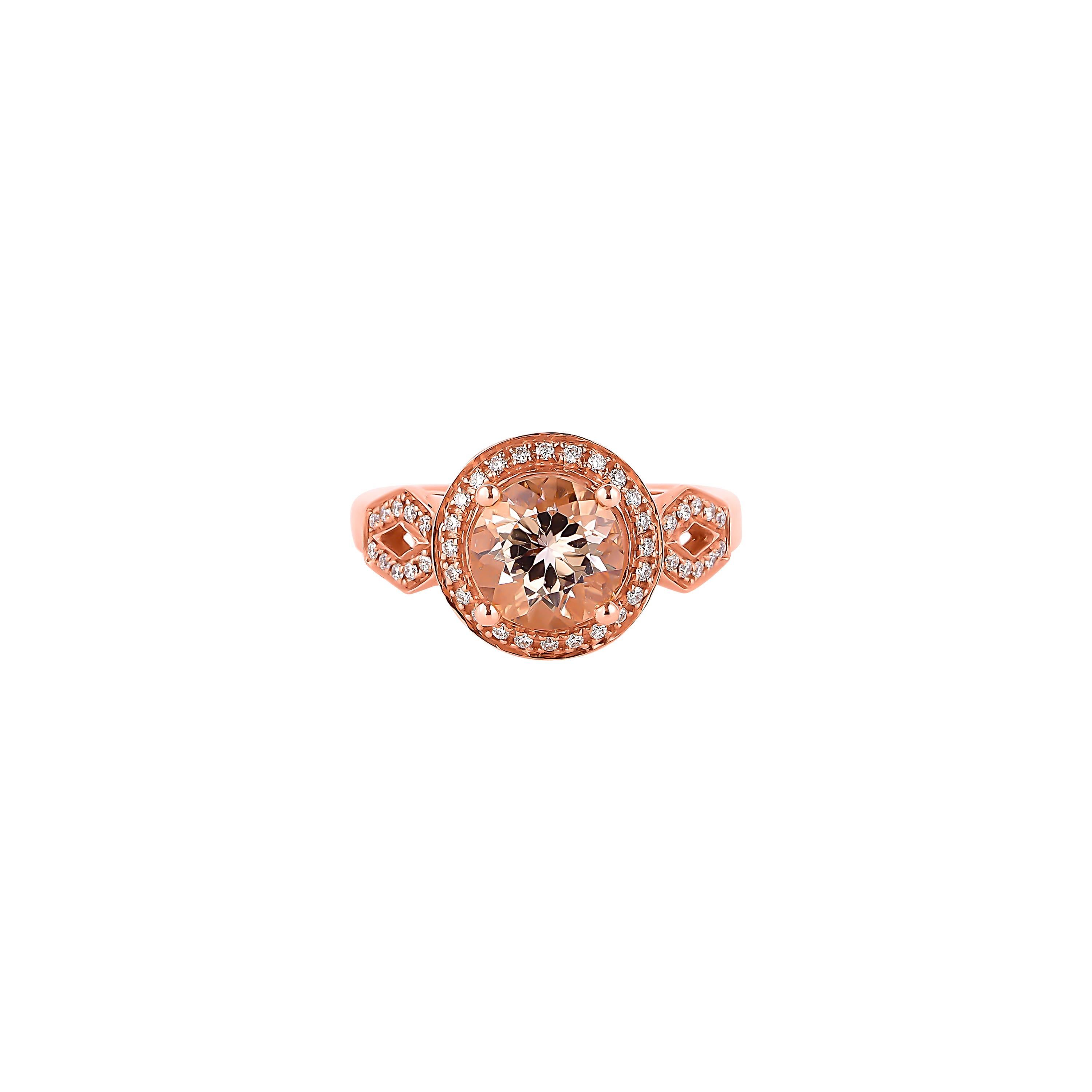 Taille ronde Bague en or rose 18 carats avec diamants et morganite de 1,7 carat en vente