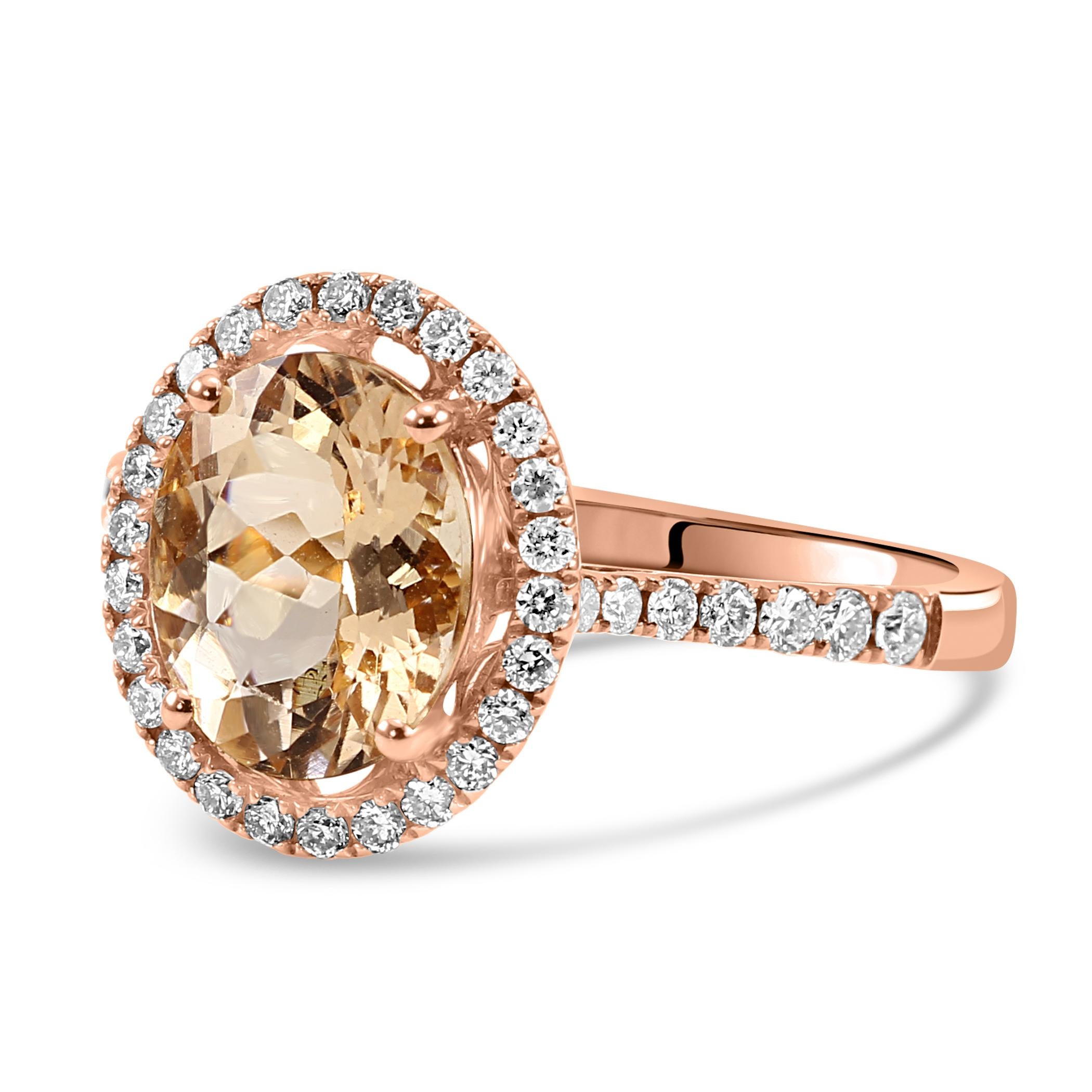 Modern 1.7 Carat Morganite White Diamond Round 18 Karat Rose Gold Fancy Engagement Ring For Sale